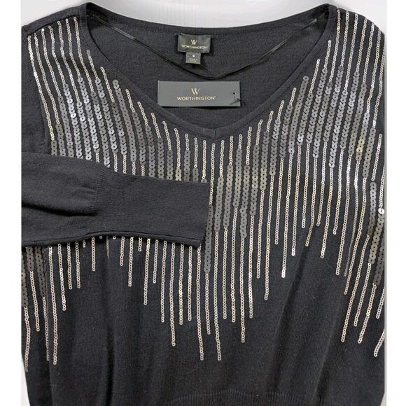 Worthington Tops - Worthington Top Womens S Black Sequin Knit Long Sleeve Pullover Party Holiday